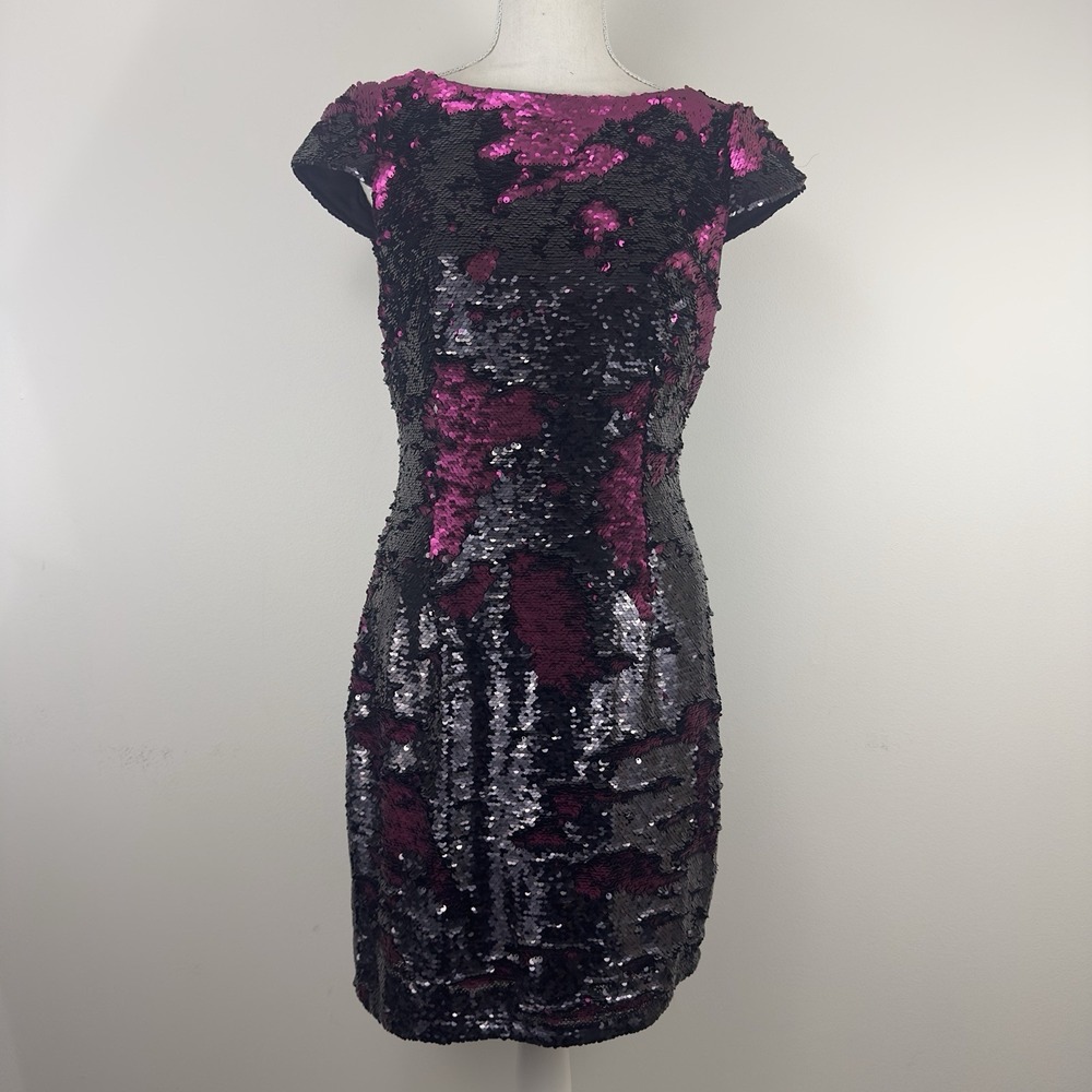 Adrianna Papell Two Tone Sequin Dress Black Pink Size 4‎ Cap Sleeve